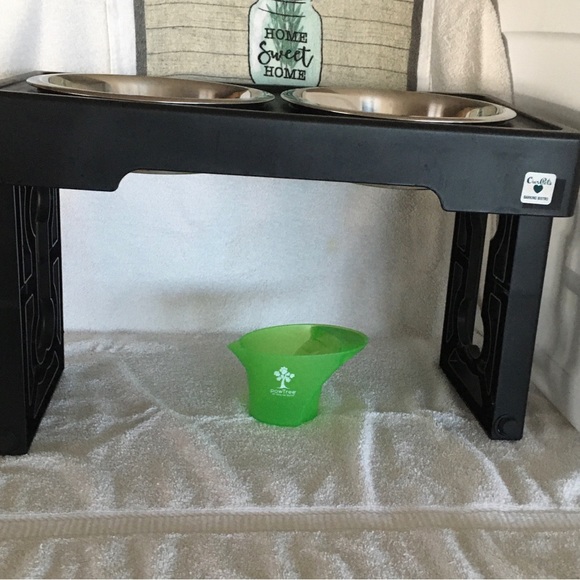 Used/sanitized dog food bowls and adjustable stand. Large stainless steel bowls. - Picture 1 of 6